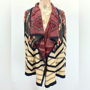 ST. JOHN’S BAY Beige gray red IKAT knit waterfall collar cardigan size L